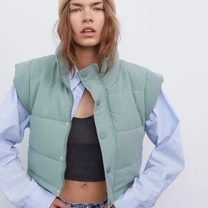 For Love & Lemons Mint Green Cropped Puffer Vest SM